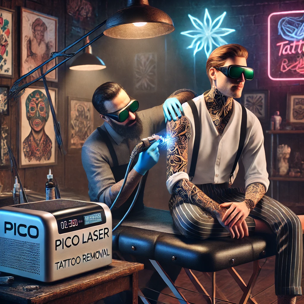 DALL·E 2025-01-13 23.50.35 - A realistic depiction of a man performing a pico laser tattoo removal procedure on another man with full-body tattoos in a tattoo parlor setting